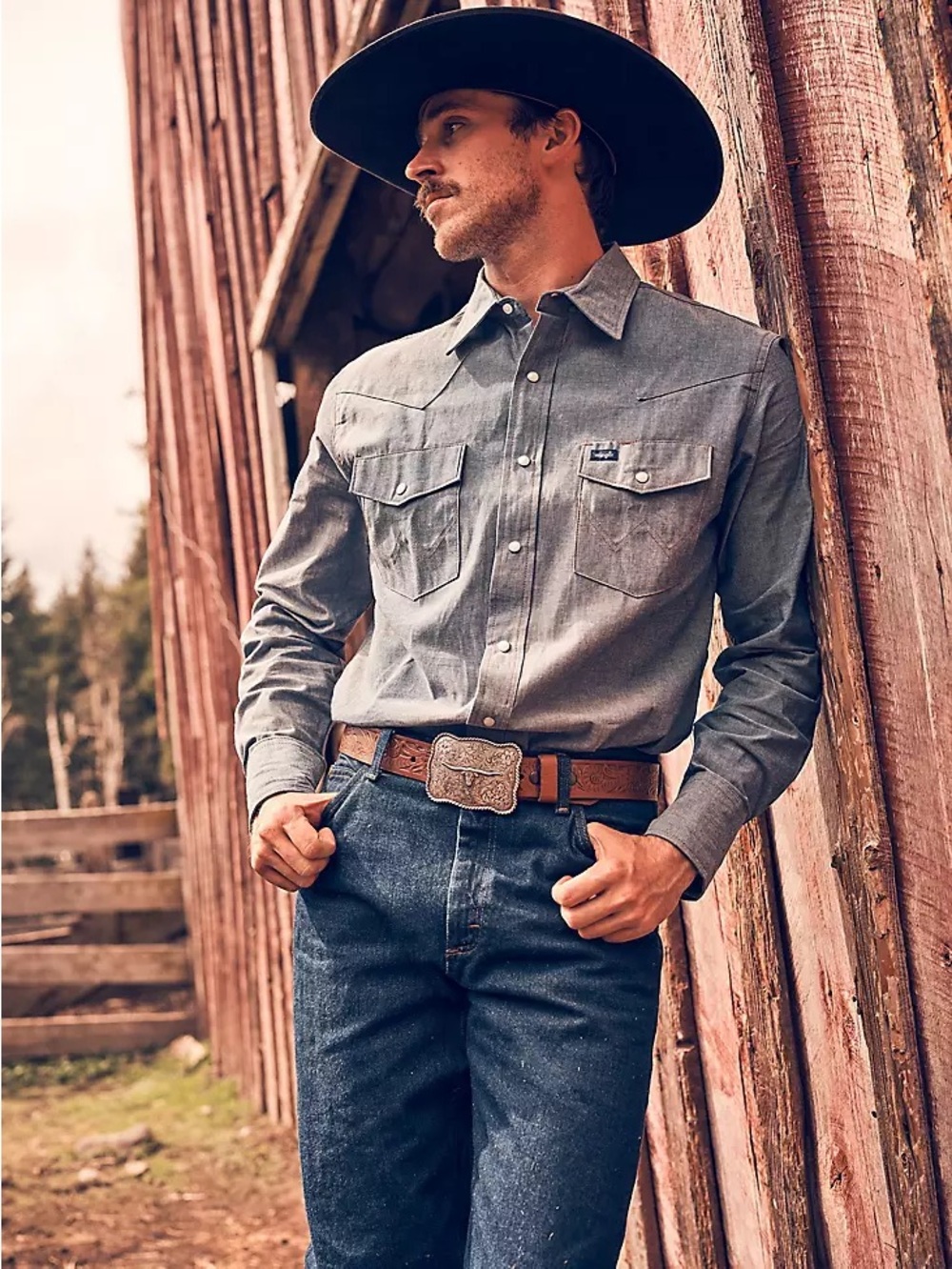 Wrangler Gray Long-Sleeve Western Button-Up Chambray Dual Pocket Size XL